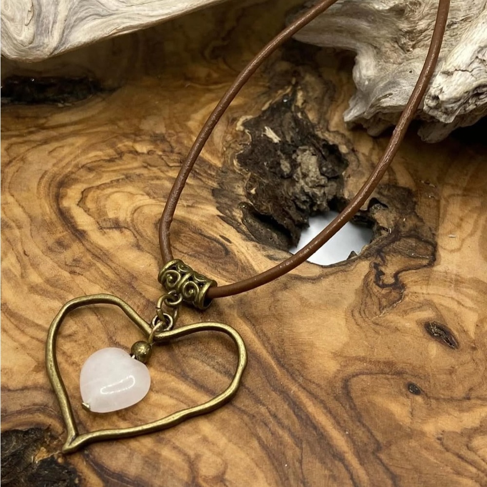 Rose Quartz Heart Pendant with Brown Leather Necklace
